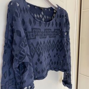 Size M Guess Blue Geometric Design Semi-Sheer Long Sleeve Knit Crop Top